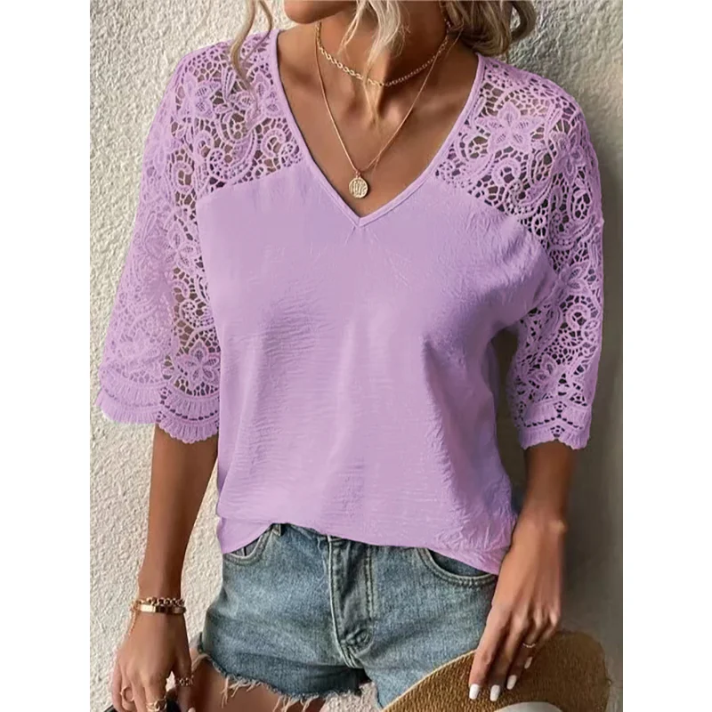 Spring Summer Fashion Ladies Elegant Solid Color Commuter Blouse Loose Casual Sexy Lace V-neck Hollow Out Short Sleeves T-shirt
Spring Summer Fashion Ladies Elegant Solid Color Commuter Blouse Loose Casual Sexy Lace V-neck Hollow Out Short Sleeves T-shirt