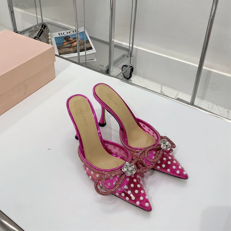 

Женские дизайнерские туфли на высоком каблуке, туфли-лоферы из ПВХ с заостренным носком, украшенные кристаллами, с бантиком, на лето, 2022