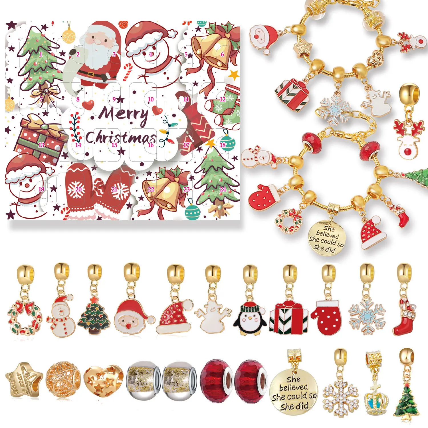 Santa Claus Gold Countdown Calendar Bracelet Set Children's DIY Christmas Bracelet Necklace Blind Box
Santa Claus Gold Countdown Calendar Bracelet Set Children's DIY Christmas Bracelet Necklace Blind Box