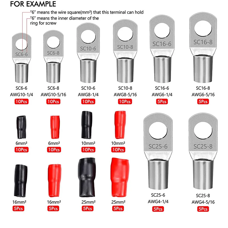 120pcs Crimp Lug Kit Car Electrical Lugs with Crimp Battery Terminals SC Connector Mouth Overview and Insulation Red Boots Black
120pcs Crimp Lug Kit Car Electrical Lugs with Crimp Battery Terminals SC Connector Mouth Overview and Insulation Red Boots Black
