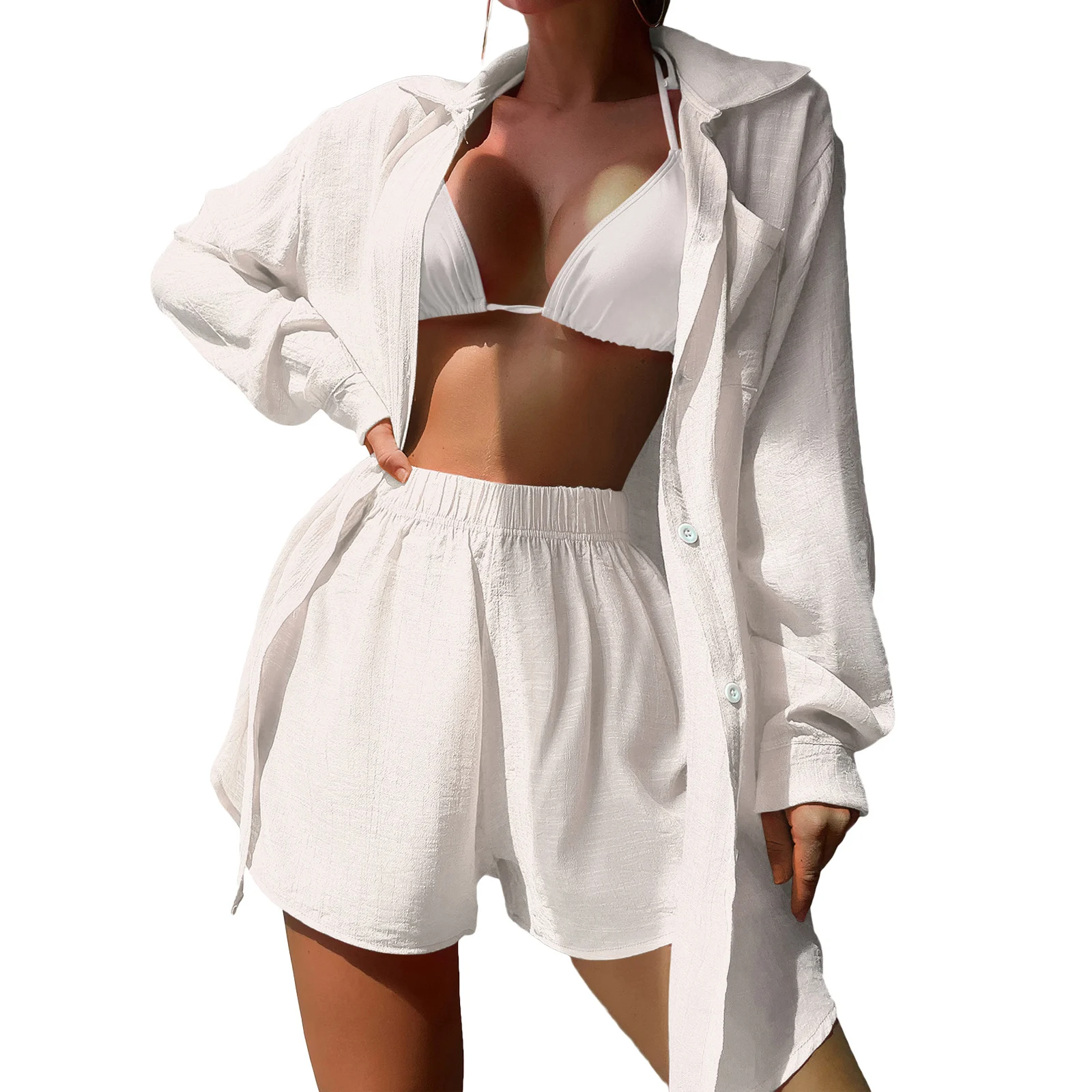 Women Summer 2 Pieces Clothes Outfits Solid Color Turn-Down Collar Long Sleeve Shirts and Elastic Waist Shorts Beach Holiday Set 
Women Summer 2 Pieces Clothes Outfits Solid Color Turn-Down Collar Long Sleeve Shirts and Elastic Waist Shorts Beach Holiday Set