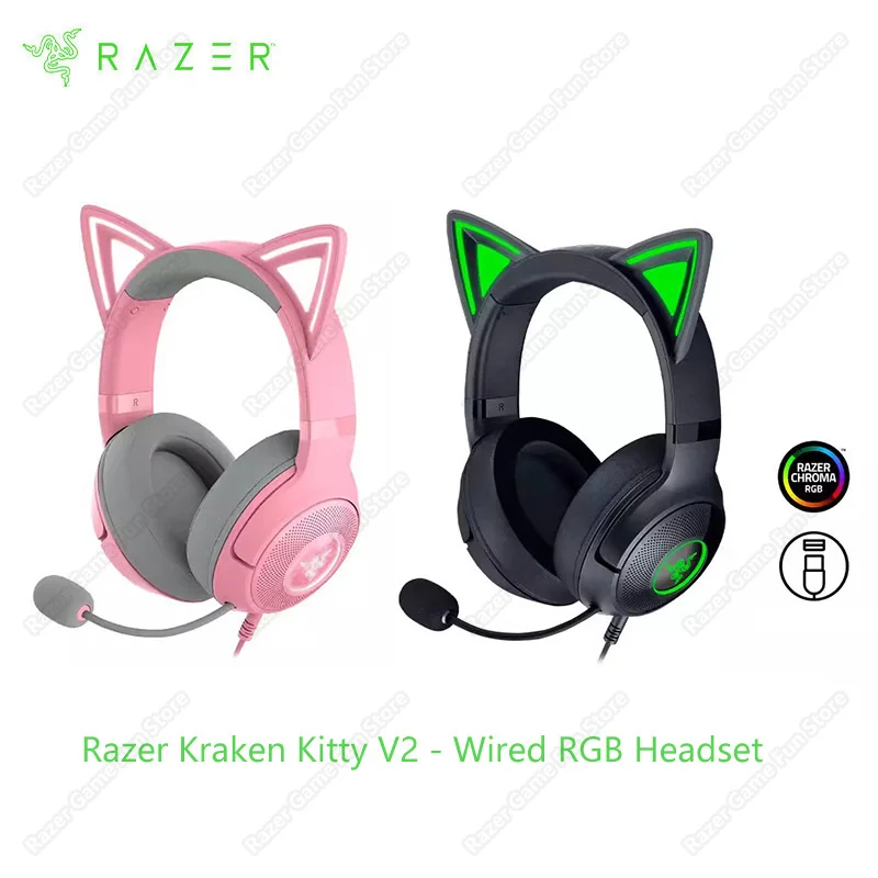 

Проводная гарнитура Razer Kraken Kitty V2 USB RGB, наушники и вкладыши, поток, реактивное освещение, гиперпрозрачный кардиоидный микрофон-Кварцевый, черный