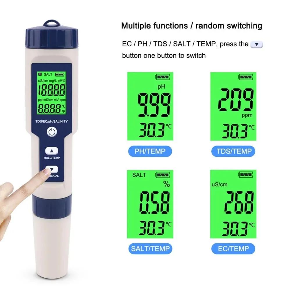 5 In 1 Digital Water Quality Tester Pen EC PH Salinity Temp Meter Detector Multi-functional Water Quality Test Pen
5 In 1 Digital Water Quality Tester Pen EC PH Salinity Temp Meter Detector Multi-functional Water Quality Test Pen