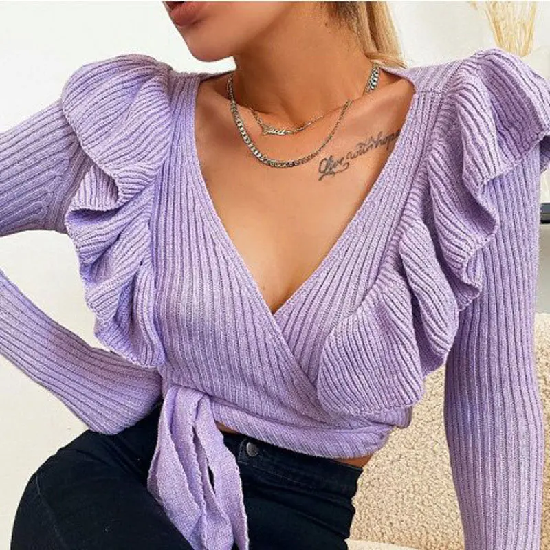 Sexy flounces sweater, Cardigan, deep V neck, long sleeves, Spring 2021, Korean women's sweater
Sexy flounces sweater, Cardigan, deep V neck, long sleeves, Spring 2021, Korean women's sweater