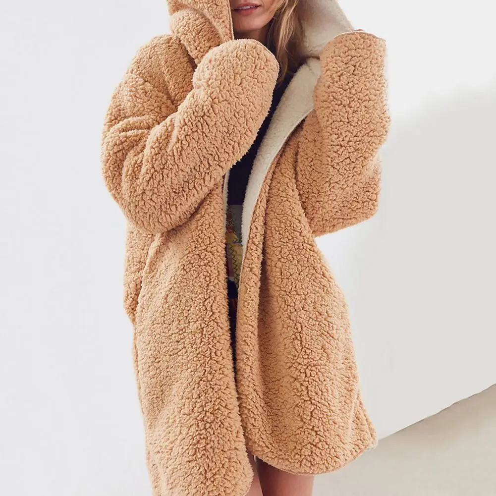 

Women Overcoat Wrinkle-free Women's Plush Coat Cold Resistant Keep Warm Pretty Zipper Placket Hooded Women's Coat