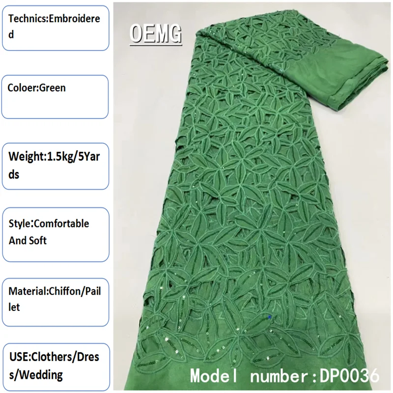 OEMG French Green Chiffon Lace Fabricwith sequins 2022 Top Quality Pure Silk Fabric Nigerian Lace Fabrics African Dress DP0036
OEMG French Green Chiffon Lace Fabricwith sequins 2022 Top Quality Pure Silk Fabric Nigerian Lace Fabrics African Dress DP0036
