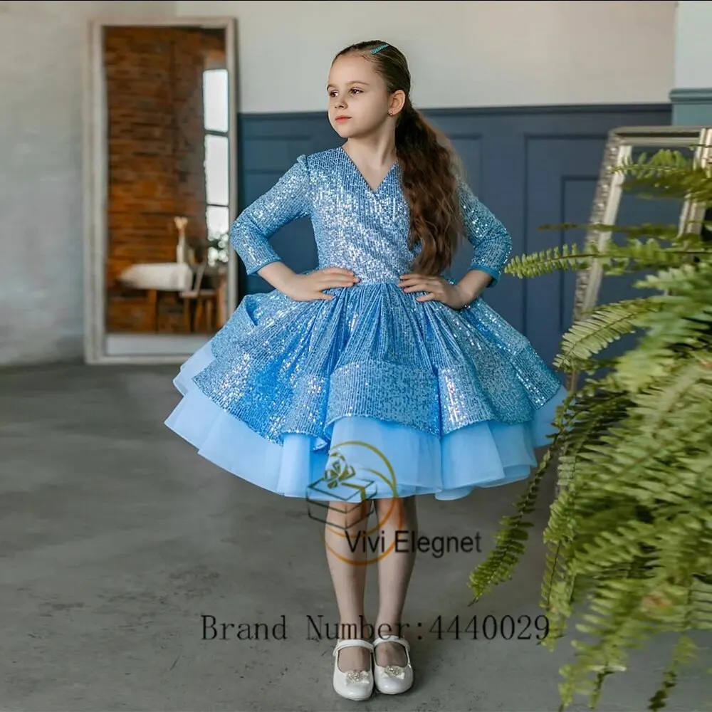 

Blue Tutu Knee Length Gorgeous Full Sleeve Flower Girl Dresses with Sequined Tiered 2023 New Wedding Party Gowns فساتين للحفلات