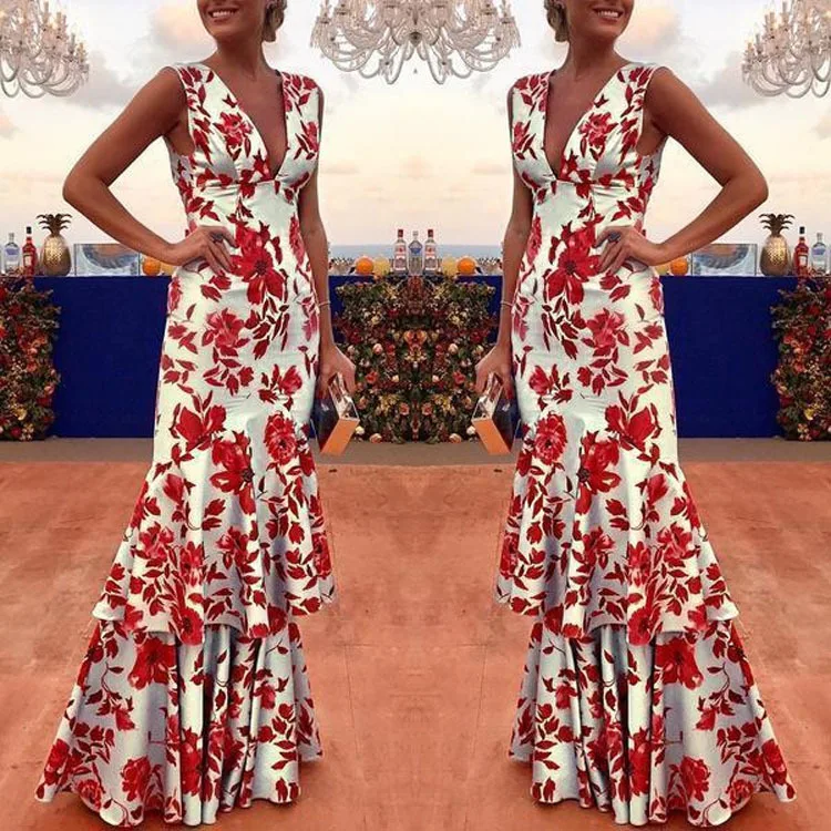 2021 Fashion Floral Print Sexy Long Slim Deep V Neck Cocktail Dresses Sleeveless Ruffles Evening Party Quinceanera Prom Robes
2021 Fashion Floral Print Sexy Long Slim Deep V Neck Cocktail Dresses Sleeveless Ruffles Evening Party Quinceanera Prom Robes