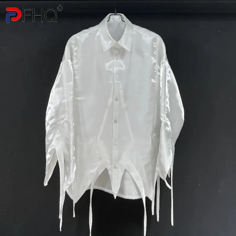 

Мужская текстурная дизайнерская рубашка PFHQ из ледяного шелка с длинным рукавом, тонкие дышащие однотонные Асимметричные авангардные Осенние Топы 21Z2594