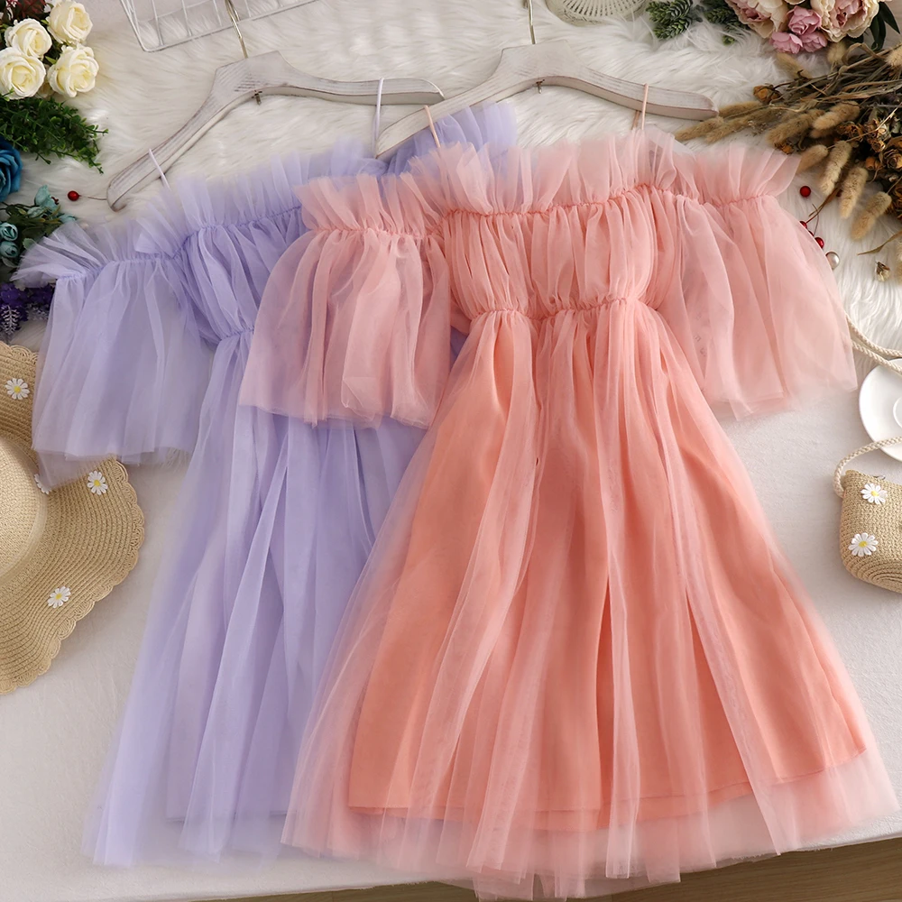 Sweet Fairy Off Shoulders Gauze Spliced Ruffles Dress Strapless Mesh Gauze Spliced Pleated Vintage Dress A-Line Vestidos 2022
Sweet Fairy Off Shoulders Gauze Spliced Ruffles Dress Strapless Mesh Gauze Spliced Pleated Vintage Dress A-Line Vestidos 2022