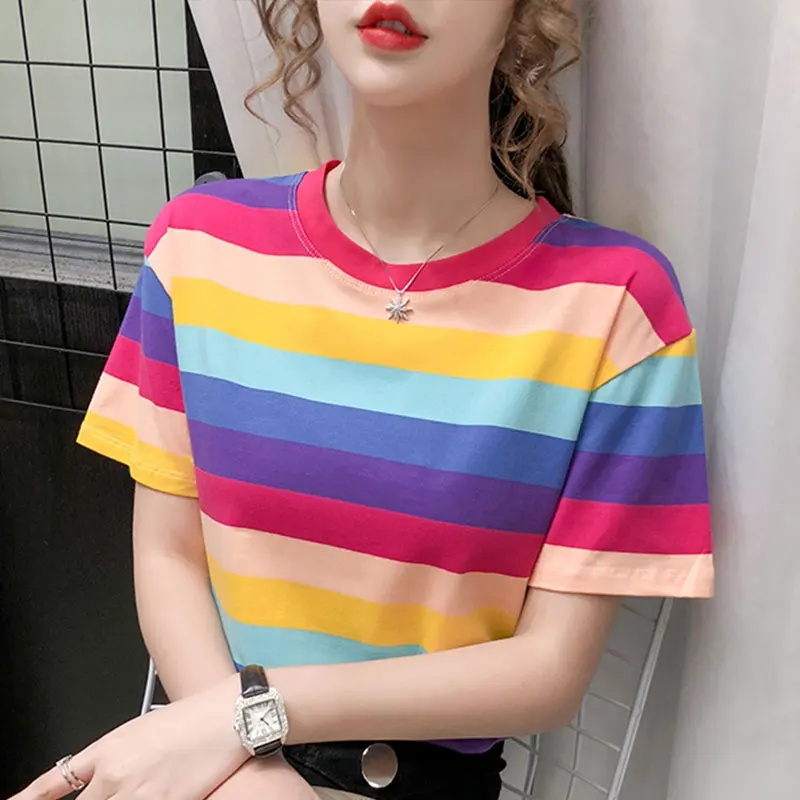 2020 Summer Women TShirt Rainbow Slim Cotton Vogue O Neck Short Sleeve T Shirt Korean Style T-shirt Tops Femme Ropa Mujer 
2020 Summer Women TShirt Rainbow Slim Cotton Vogue O Neck Short Sleeve T Shirt Korean Style T-shirt Tops Femme Ropa Mujer