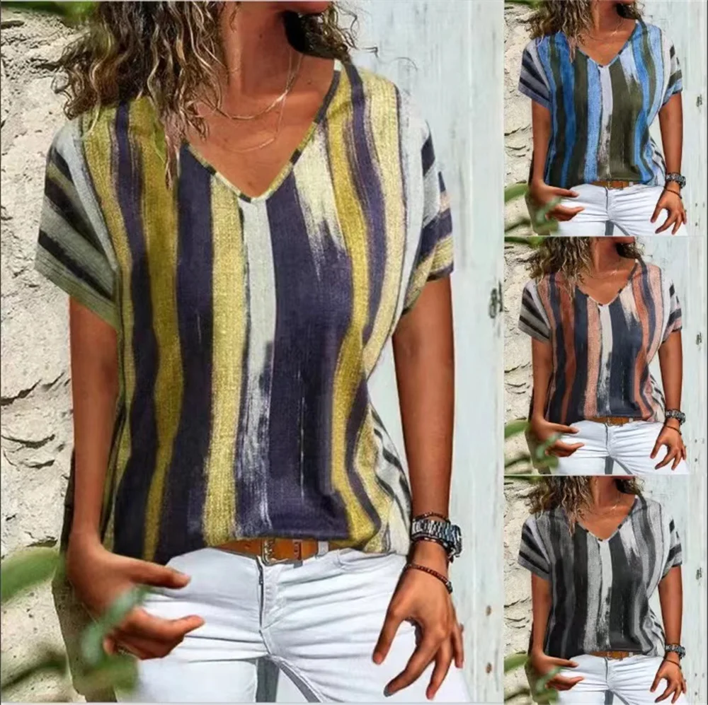 Women'S T Shirt Patchwork Striped Print Tees Casual V-Neck Short Sleeve Oversized Harajuku Fashion Female Clothes New Y2k Tops
Women'S T Shirt Patchwork Striped Print Tees Casual V-Neck Short Sleeve Oversized Harajuku Fashion Female Clothes New Y2k Tops