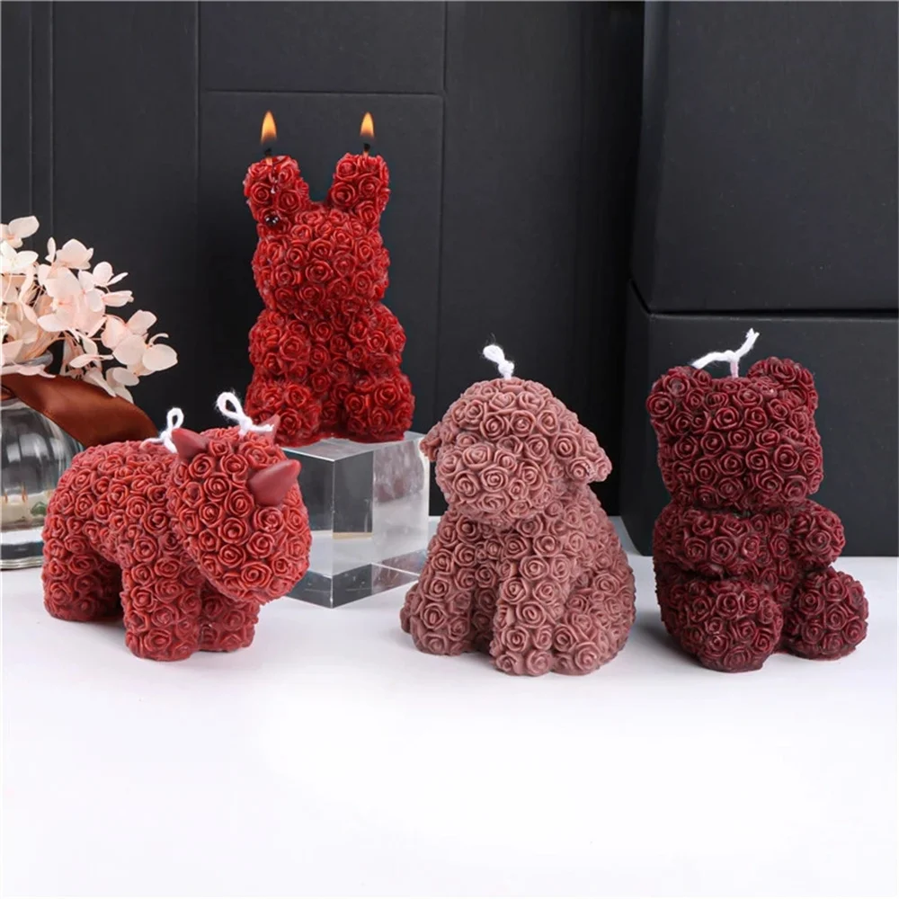 

3D Rose Bear Candle Mold DIY Chocolate Cakes Handmade Soap Plaster Resin Silicone Mould Home Decoration Ornaments 2023 New