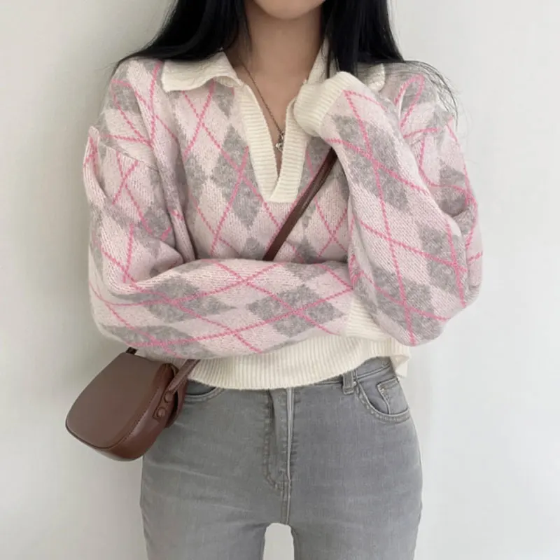 Korean Fashion Plaid Colorblock Woman Pullover Turn Down Collar Long Sleeve Sweater Women Sweet Knitted Top Female Dropshipping
Korean Fashion Plaid Colorblock Woman Pullover Turn Down Collar Long Sleeve Sweater Women Sweet Knitted Top Female Dropshipping