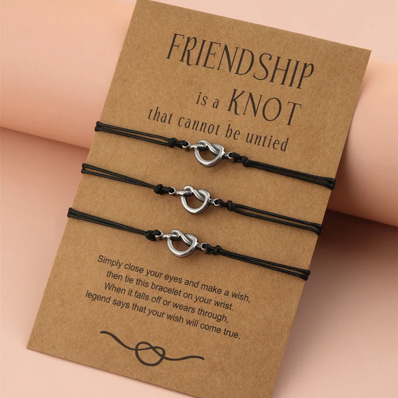 

TULX Stainless Steel Vintage Heart Knot Friendship Forever Bracelets Women Handmade Braided Black Rope Chain Bracelet Jewelry