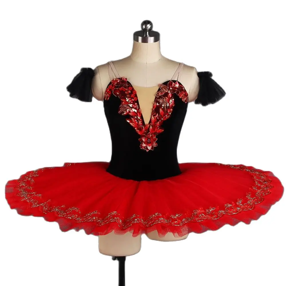 

BLL418 Top Quality Professional Ballet Dance Tutu Black Velvet Bodice with Red Pancake Tutu Skirt Girls & Women Ballerina Tutus