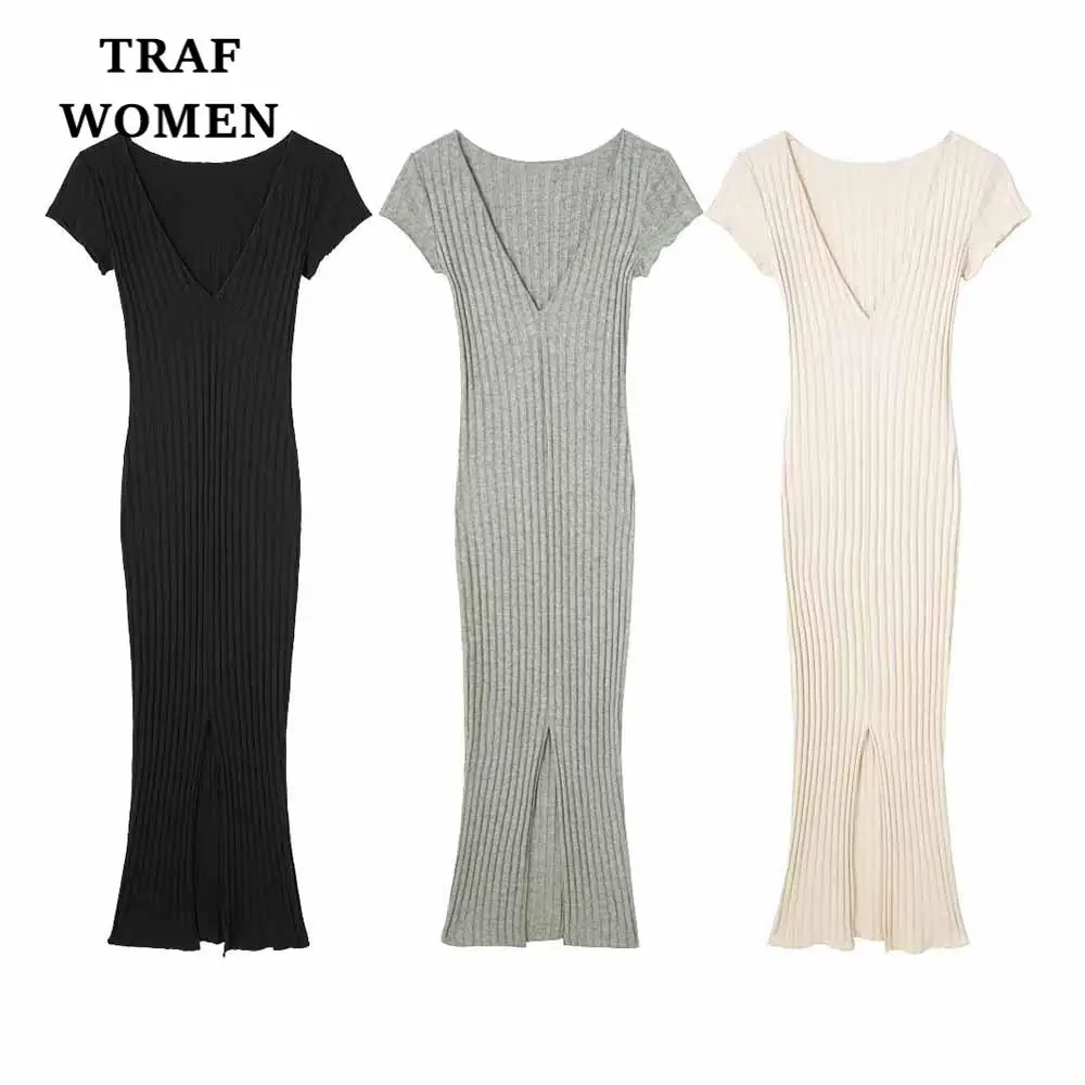 Платье-миди женское в рубчик, с коротким рукавом и V-образным вырезом 
Платье-миди женское в рубчик, с коротким рукавом и V-образным вырезом