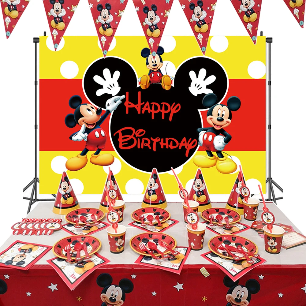 

Disney Mickey Mouse Birthday Party Decorations Tablecloth Paper Plate Cups Banner Disposable Set Gender Reveal Party Supplies
