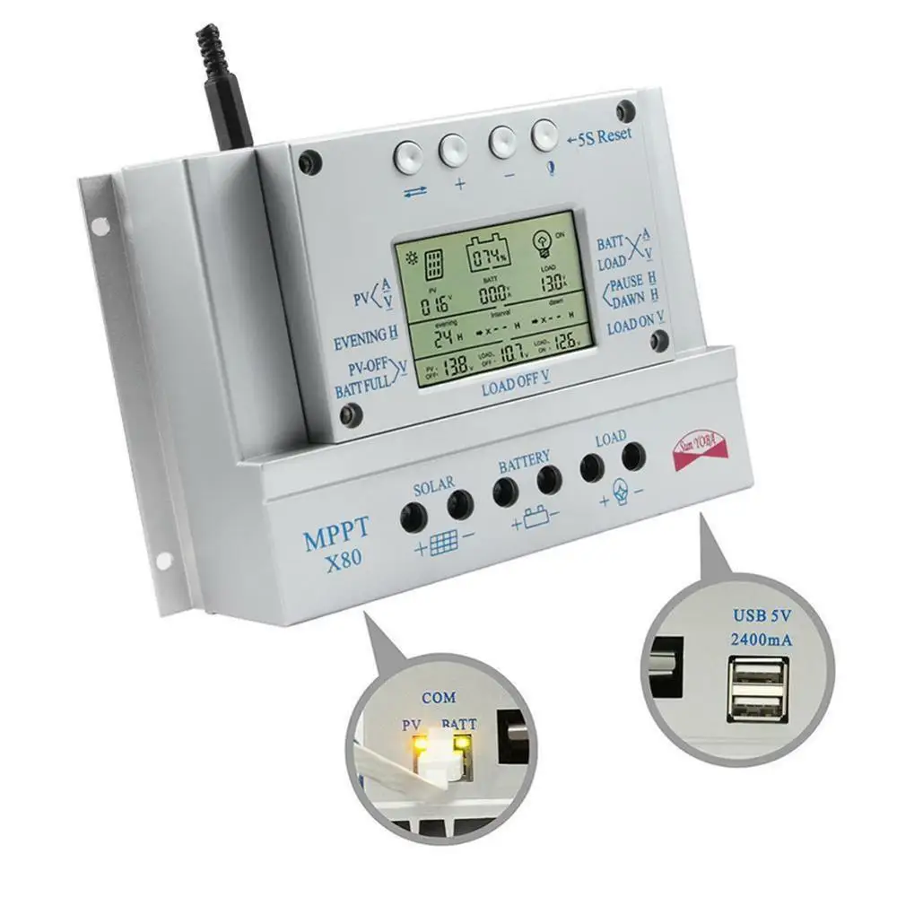 Three-Time 80A 12V/24V Auto Work Solar Charge Controller for Solar Panel System Regulator With LCD Display X80
Three-Time 80A 12V/24V Auto Work Solar Charge Controller for Solar Panel System Regulator With LCD Display X80