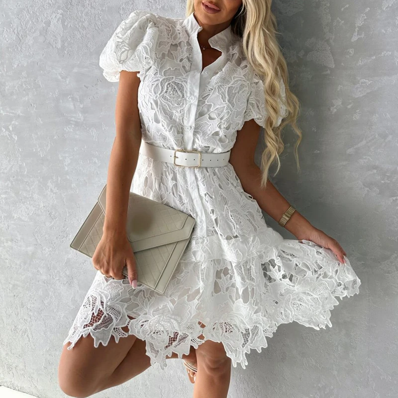 Elegant Ladies Bubble Short Sleeve Mini Dress Fashion V Neck Button Shirt Dress Solid Color Women Hollow Slim Irregular Dresses
Elegant Ladies Bubble Short Sleeve Mini Dress Fashion V Neck Button Shirt Dress Solid Color Women Hollow Slim Irregular Dresses
