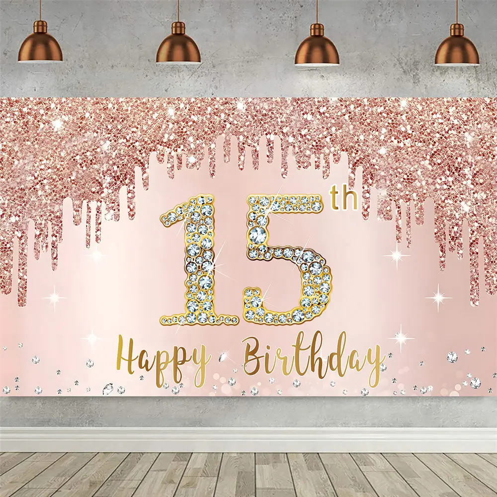 Happy 15th Birthday Backdrop for Girls Pink Rose Gold Glitter Photo 15 Years Old Party Banner Decoration Booth Poster Background
Happy 15th Birthday Backdrop for Girls Pink Rose Gold Glitter Photo 15 Years Old Party Banner Decoration Booth Poster Background