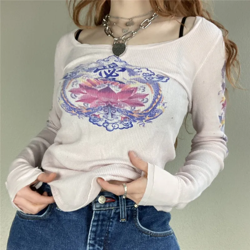 

90s Y2K Crop top stampato donna bianco carino dolce T Shirt Harajuku Grunge estetico manica lunga O collo pullover coreano Chic