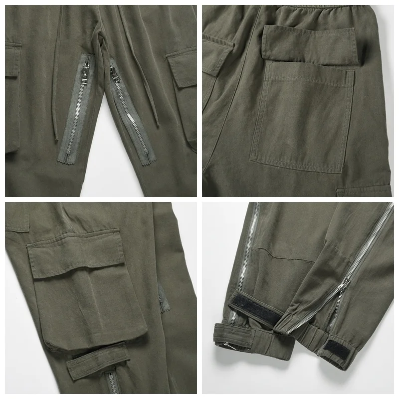 

Streetwear Distressed Washed Cargo Joggers Pants ArmyGreen Black Nylon Snap Zipper Adjustable Sweatpants with Pockets Men Women