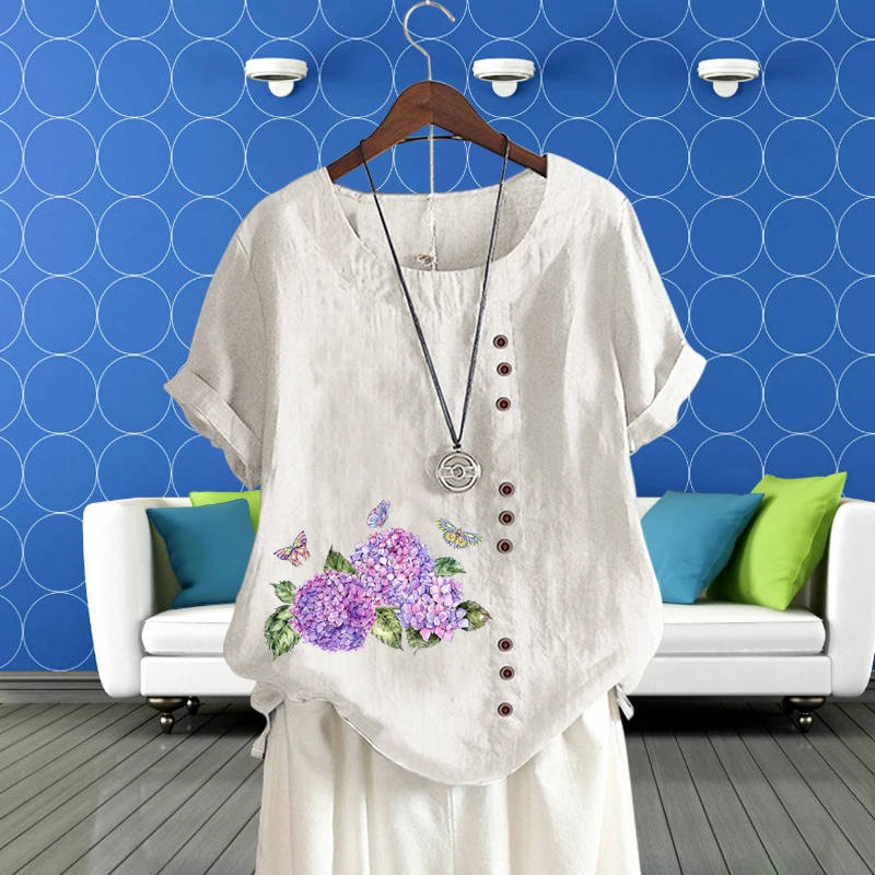 Women's Clothing Hydrangea Flower Butterfly Pattern T Shirt Round Neck Loose Linen Short Sleeve Lady Summer Casual Top Pullover
Women's Clothing Hydrangea Flower Butterfly Pattern T Shirt Round Neck Loose Linen Short Sleeve Lady Summer Casual Top Pullover