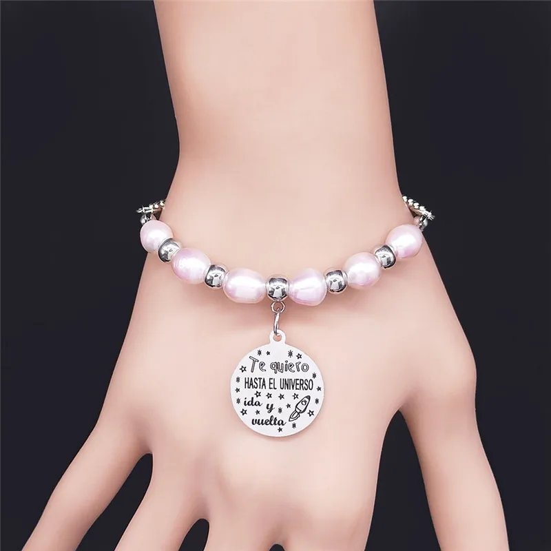 

Stainless Steel Pink Freshwater Pearl Bracelets Charm Women Te quiero HASTA EL UNIVERSO ida y uuelta Jewelry joyas BXS07