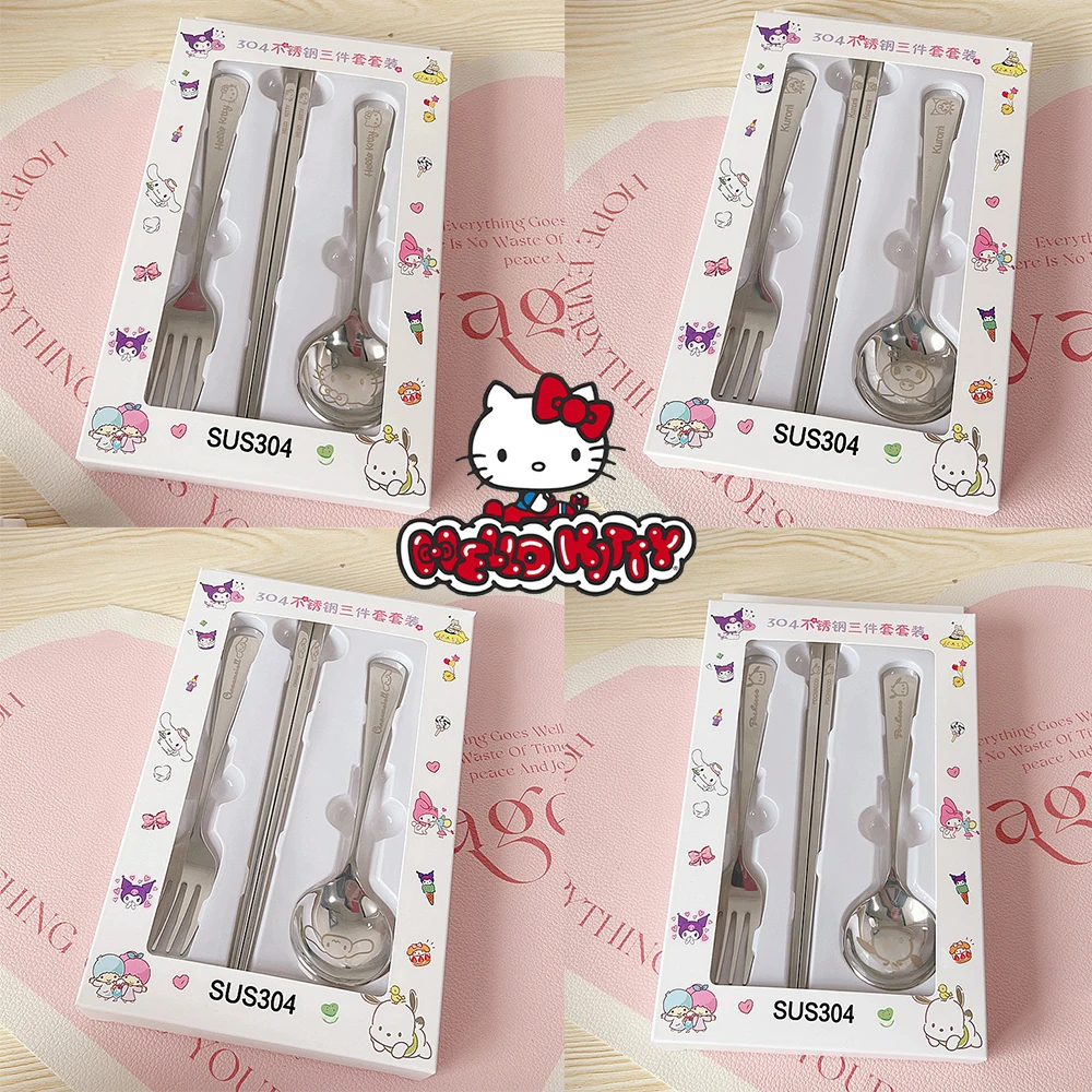 

Sanrio Cute Kids Tableware Set Anime Cartoon Baby Meal Metal Spoon Fork Hello Kitty Chopsticks Kawaii Tableware Children's Gift