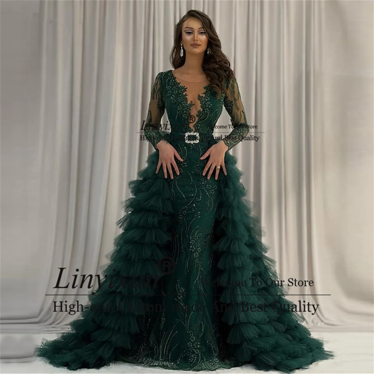 Dark Green Lace Mermaid Prom Dresses With Detachable Ruffles Formal Evening Gowns Long Sleeves Dubai Women Overskirt Party Dress
Dark Green Lace Mermaid Prom Dresses With Detachable Ruffles Formal Evening Gowns Long Sleeves Dubai Women Overskirt Party Dress