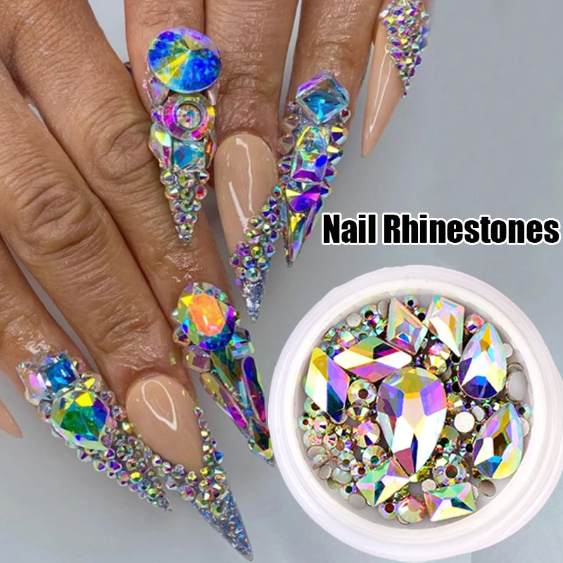 

1Box 3D Colorful Nail Rhinestones Mixed Size Crystal AB Flat Back Shiny Stones Nails Rhinestone DIY Glitter Gems Nail Decoration
