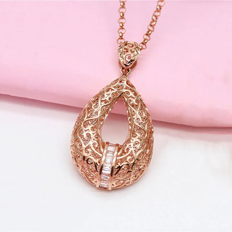 

585 purple gold plated 14K rose gold geometric crystal pendant neckalce for woman luxury palace style jewelry send girlfriend