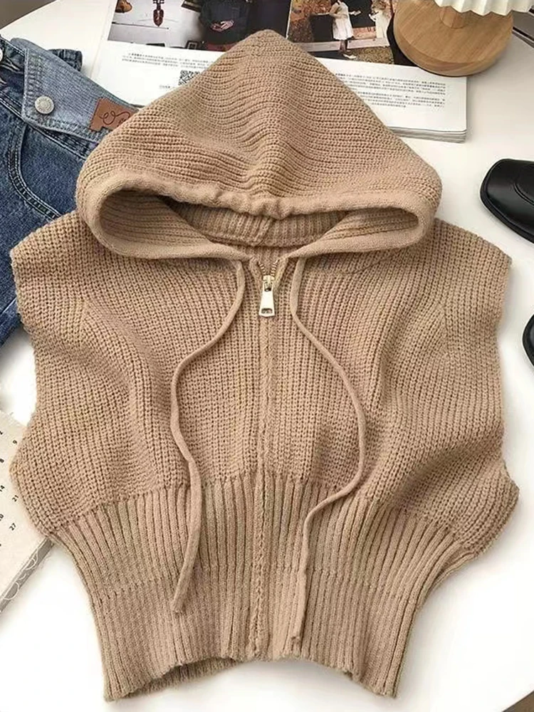 2022 Women Zipper Sleeveless Knitted Cardigan Sweater Female Drawstring Hooded Sweaters Fashion Autumn Loose Jumper Tops
2022 Women Zipper Sleeveless Knitted Cardigan Sweater Female Drawstring Hooded Sweaters Fashion Autumn Loose Jumper Tops