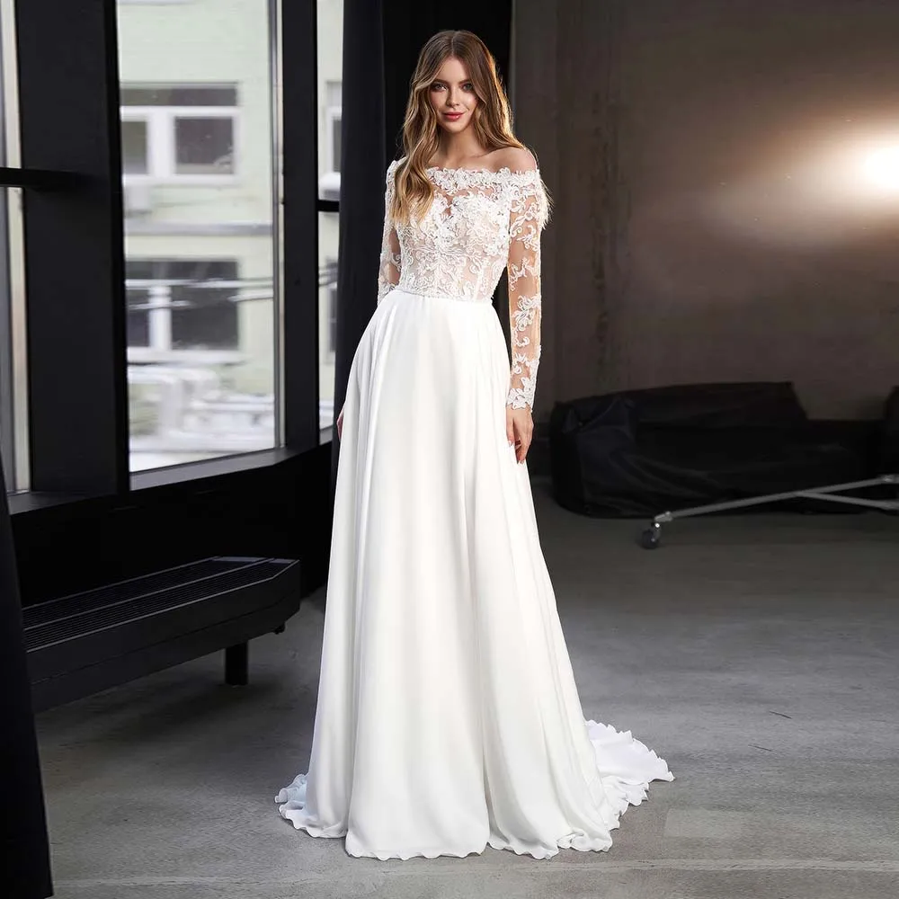 Elegant Wedding Dresses 2022 New Lace Appliques Boat Collar Bride Dress Illusion Long Sleeve Button A-Line Chiffon Bridal Gown
Elegant Wedding Dresses 2022 New Lace Appliques Boat Collar Bride Dress Illusion Long Sleeve Button A-Line Chiffon Bridal Gown