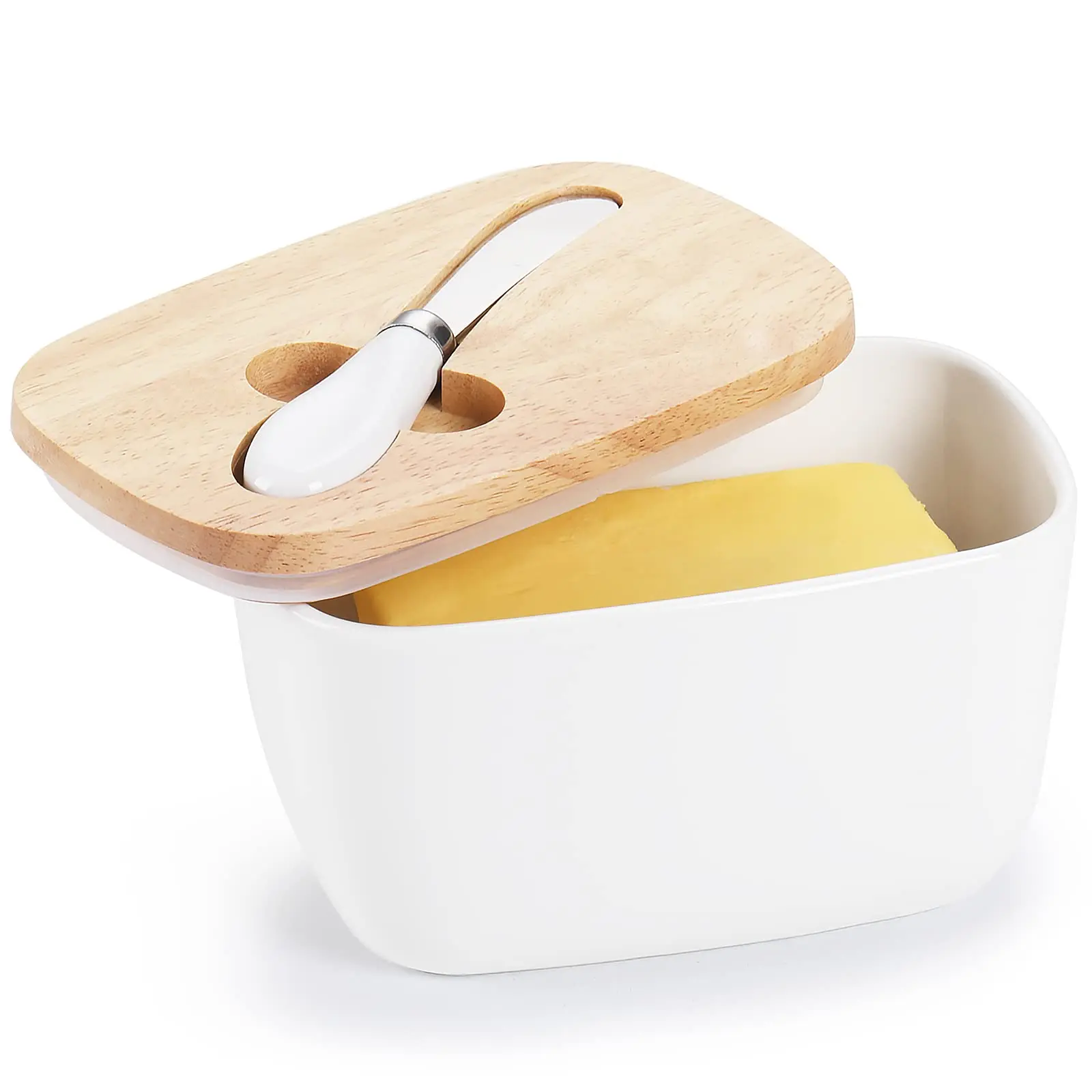 Butter Dish - Large Ceramics Butter Holder with Silicone Sealing, Natural Wooden Lid and Stainless Steel Knife, for 4 Stick of
Butter Dish - Large Ceramics Butter Holder with Silicone Sealing, Natural Wooden Lid and Stainless Steel Knife, for 4 Stick of