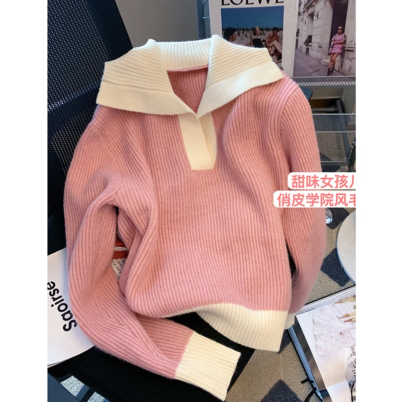 Winter Women's Clothing Sweater Korean Fashion Loose Vintage POLO Collar Pink Stitching Pullover Long Sleeves Knitting Tops
Winter Women's Clothing Sweater Korean Fashion Loose Vintage POLO Collar Pink Stitching Pullover Long Sleeves Knitting Tops