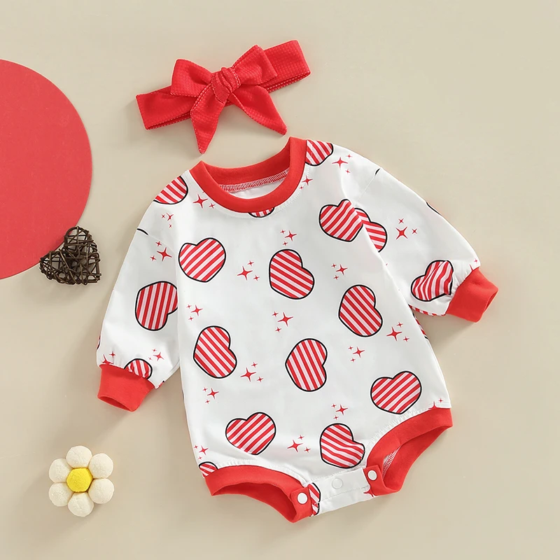 

Baby Valentine’s Day Outfits Long Sleeve Star Heart Print Sweatshirt Romper with Headband Set Sweety Child Bodysuits Jumpsuits