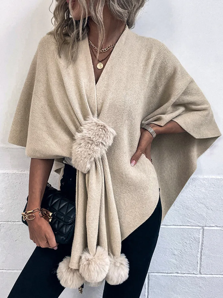 

New Hairball Patchwork Solid Color Shawl Knitted Cardigans Women Poncho Autumn Winter Clothing Batwing Sleeve Sweater Cape Coats