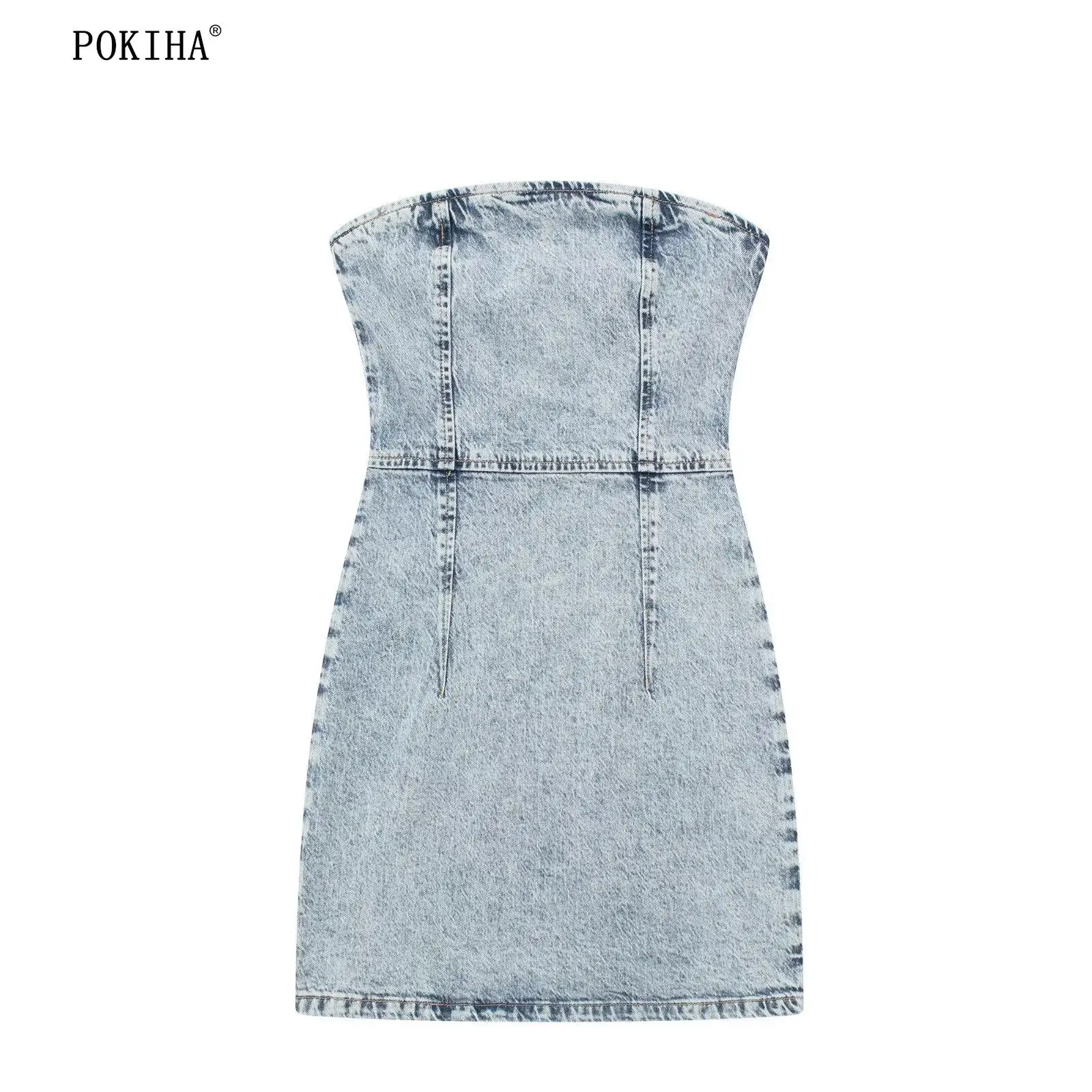 

Pokiha 2023 модное женское винтажное без бретелек тонкое джинсовое мини-платье без рукавов на молнии женское шикарное летнее пикантное повседневное с открытой спиной