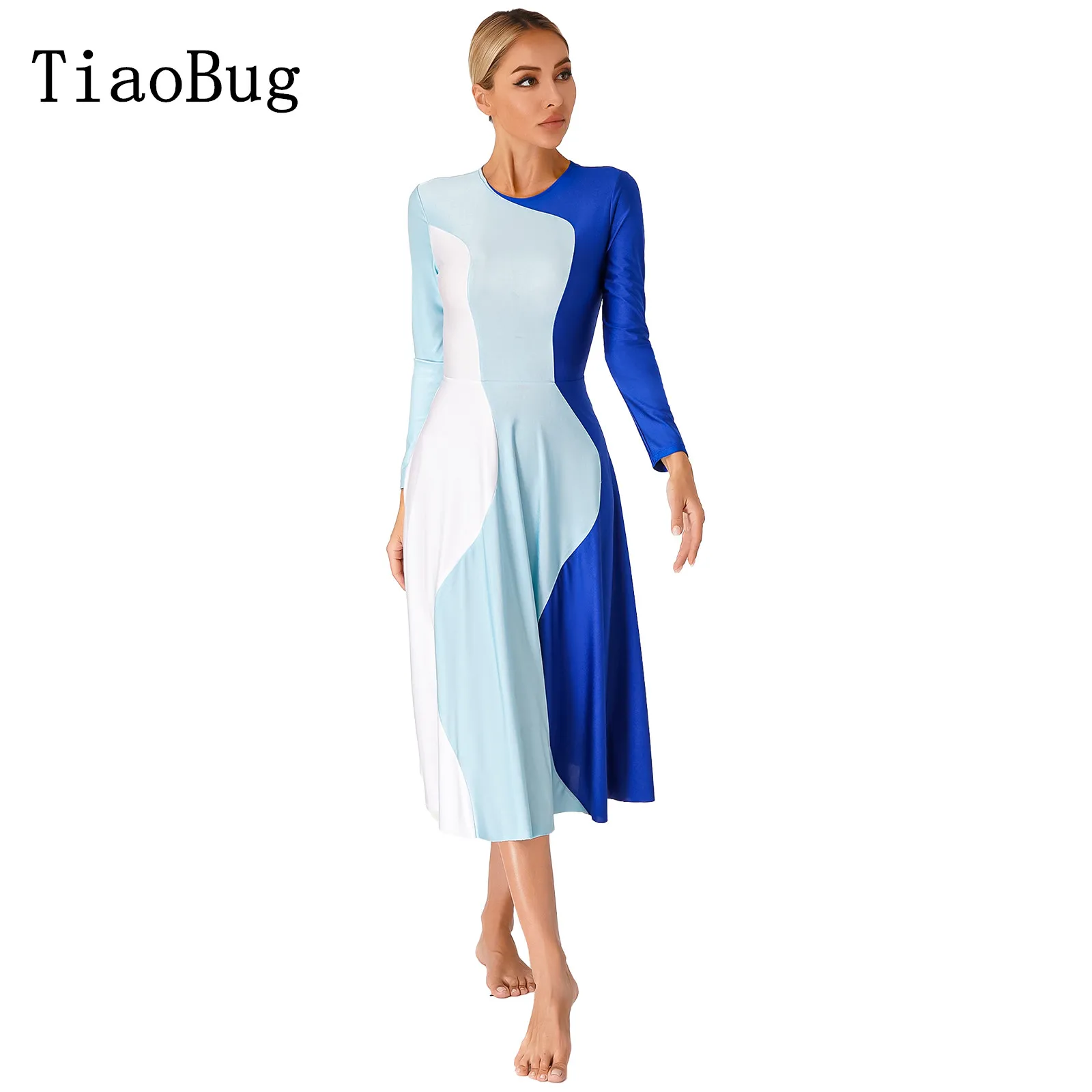 Women Color Block Dance Dress Choir Stage Performance Costume Long Sleeve Round Neck Dresses Dancewear
Women Color Block Dance Dress Choir Stage Performance Costume Long Sleeve Round Neck Dresses Dancewear
