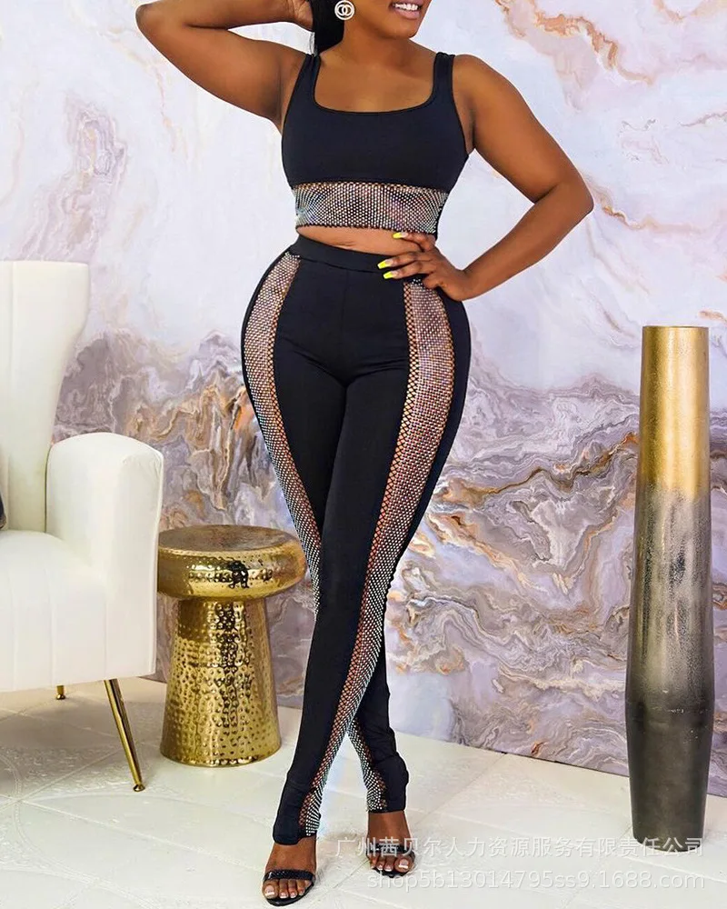 Hot Drill Suit for Women 2022 Sexy Fashion Two Piece Mesh Splicing Set Summer Sports Fitness Pants Suits Crop Tank Top & Pants
Hot Drill Suit for Women 2022 Sexy Fashion Two Piece Mesh Splicing Set Summer Sports Fitness Pants Suits Crop Tank Top & Pants