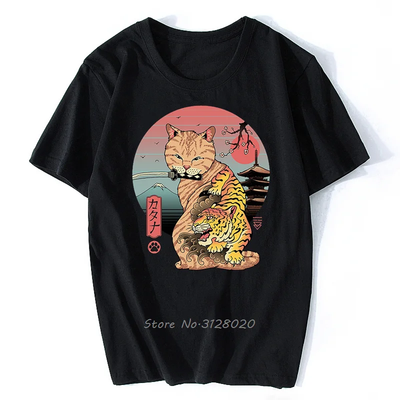

Футболка мужская с рисунком аниме самурайского кота, Повседневная рубашка с японским укиё-э ниндзя, уличная одежда в стиле Харадзюку