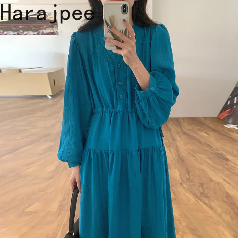 Harajpee V Neck Dress Elegant Puff Sleeve Single Breasted Drawstring Long Dress Korean Chic Loose Solid Spring New 2022 Dress
Harajpee V Neck Dress Elegant Puff Sleeve Single Breasted Drawstring Long Dress Korean Chic Loose Solid Spring New 2022 Dress