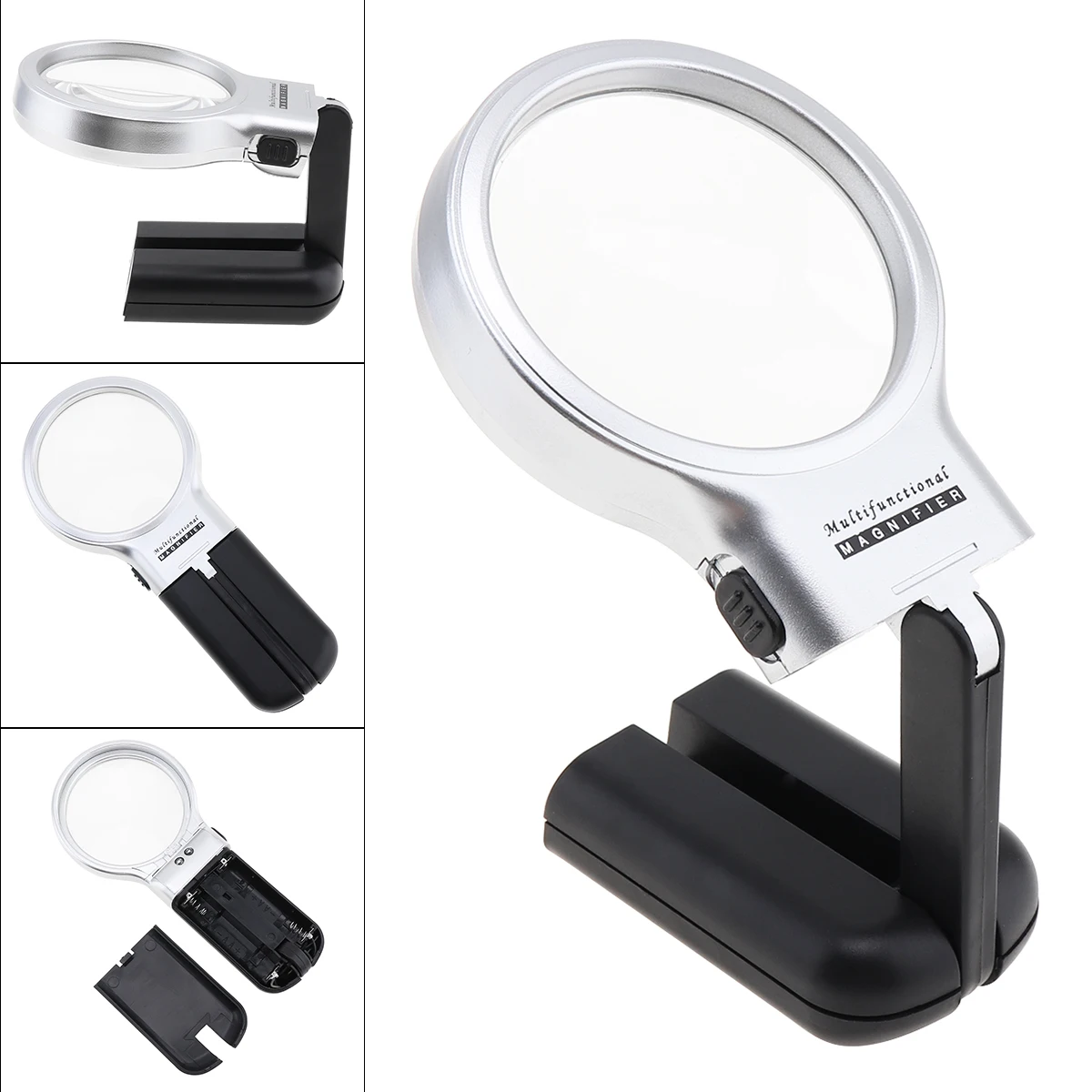 

3X Multifunctional Magnifier 62mm Adjustable Angle Plastic Optical Glass Magnifiers with 2 LED Lights for Reading and Inspection