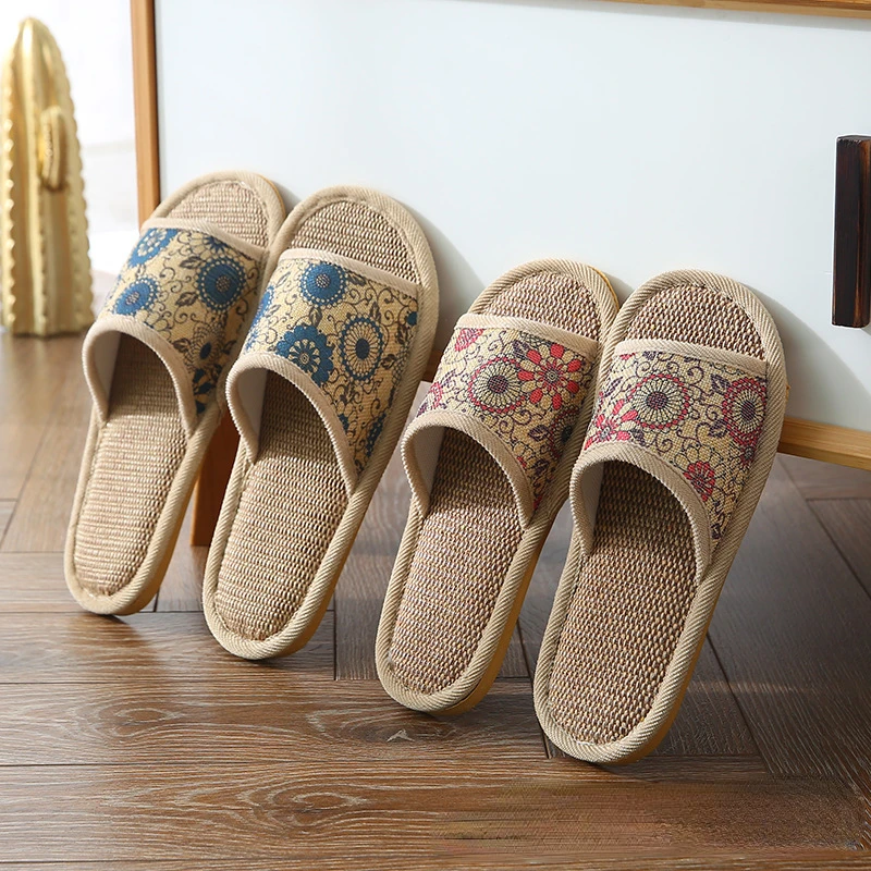 

Four Seasons Home Slippers Women's Wheel Sunflower Linen Slide Sandals Couples Retro Fashion Anti-slip Linen Slippers