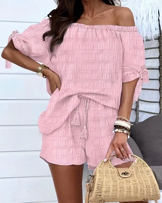 

Two Piece Sets Womens Outifits 2023 Summer Fashion Off Shoulder Tied Detail Textured Short Sleeve Top & Casual Plain Shorts Set