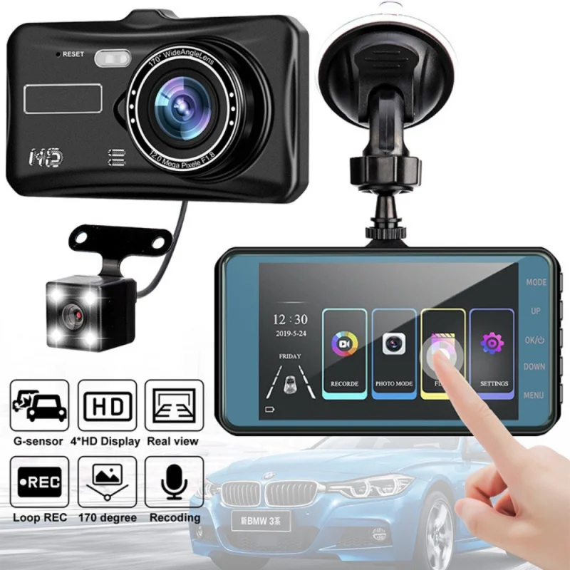 

Touch 4-Inch Driving Recorder HD Dual Lens Double Recording Reversing Image Car DVR HD 1080P 24 hours Night Vision Loop Record