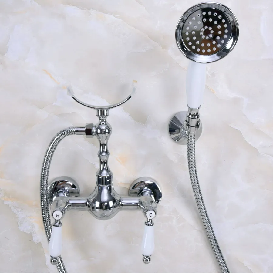 

Polished Chrome Brass Wall Mounted Bathtub Clawfoot Tub Bathroom Hand Held Shower Head Faucet Set W/ Bracket Wall Fixture ana266