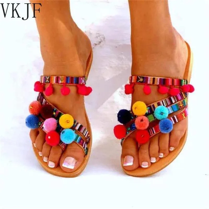 Summer New Ladies Slippers Fringed Color Fur Ball Flat Bottom Roman Slippers Ethnic Style Beach Slippers Zuecos De Verano Mujer
Summer New Ladies Slippers Fringed Color Fur Ball Flat Bottom Roman Slippers Ethnic Style Beach Slippers Zuecos De Verano Mujer